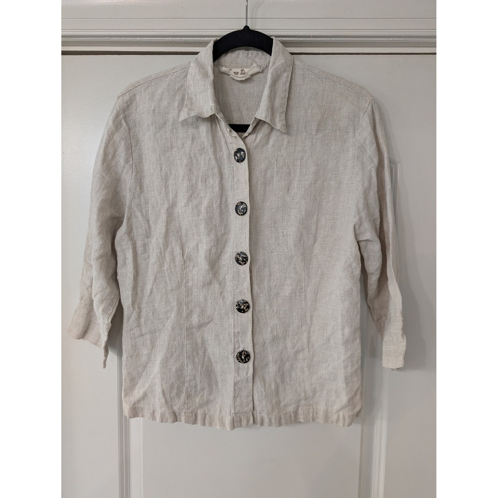 Loco Lindo Women Small Oatmeal 100% Linen 3/4 Sleeve Button Down Shirt USA